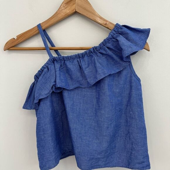 MILLY MINIS Ruffle-Trim Chambray Top, Blue One Shoulder Size 10 - Picture 7 of 8